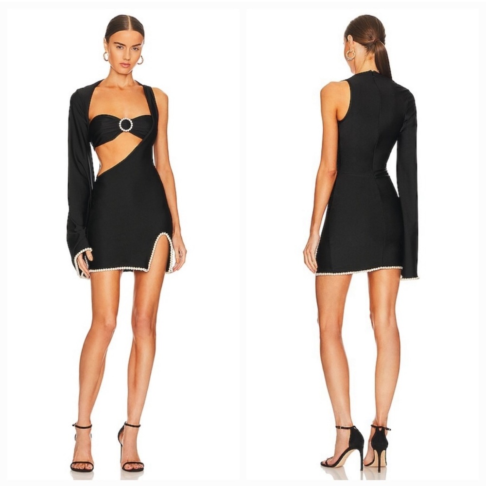 Black One-Shoulder Cutout Mini Dress with Rhinestone Trim